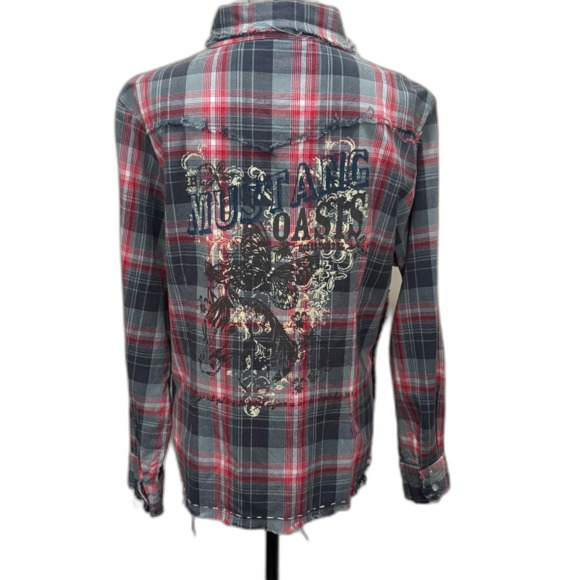 Gordon & James Mustang Oasis Western Shirt Embellished Red Gray Plaid Size XL - Picture 3 of 5